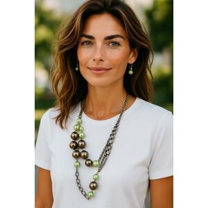 Multi Strand Necklace and Earrings Set Silver Tone Green‎ Beads